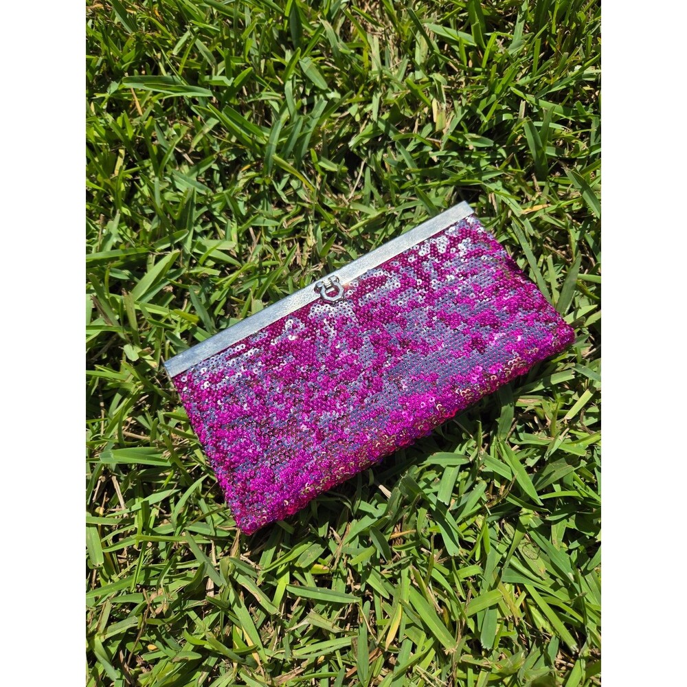 Pink Sequin Wallet Clutch with Kiss Lock Closure – Evening Purse (Unbranded)